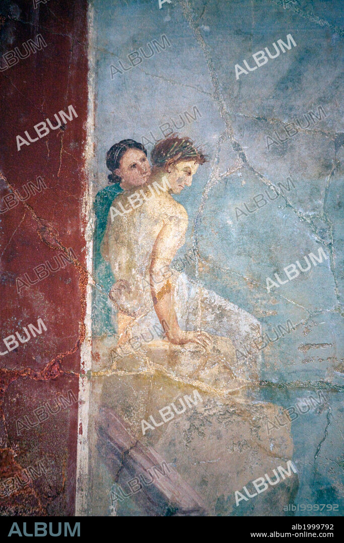Italy, Naples, Naples Museum, from Pompeii, Prince of Montenegro House, Perseus freeing Andromeda. The fresco dated 1st Century AD. It uses mechanical devices such as proportional dividers to modify the size of the images to suit the requirements of the commission.