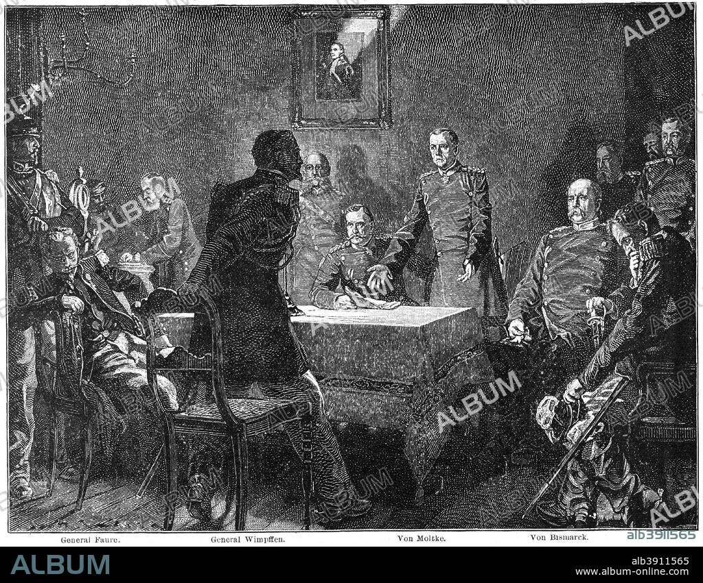 Discussing the surrender of France after the Battle of Sedan, Franco-Prussian War, 1870 (1900). General Faure, General de Wimpffen, Moltke and Bismarck. Sedan was a national humiliation for the French, as their army was decisively defeated by the Prussians commanded by Moltke, and the Emperor Napoleon III captured. The defeat led to the fall of the French Second Empire and the occupation of Paris by the Germans and, in 1871, the creation of the German Empire. A print from The Life and Times of Queen Victoria, by Robert Wilson, Volume IV, Cassell and Company, London, Paris, New York, Melbourne, 1900.