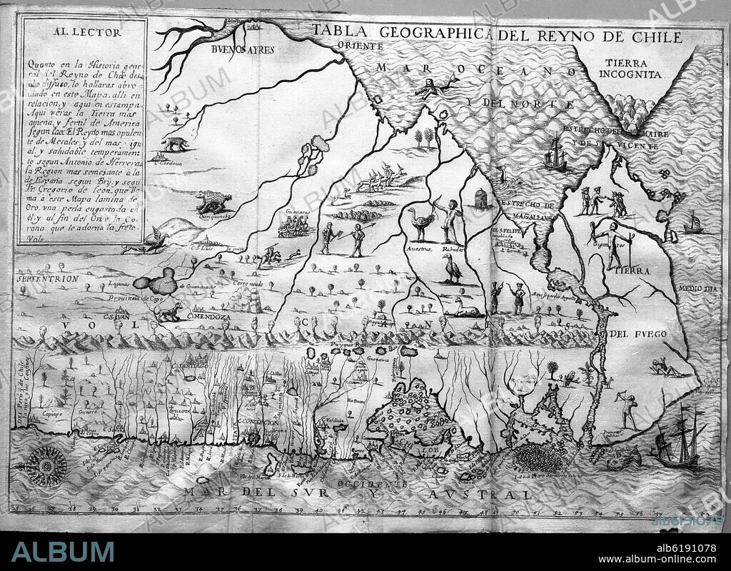 ALONSO DE OVALLE. TABLA GEOGRAFICA DEL REINO DE CHILE - SIGLO XVI.