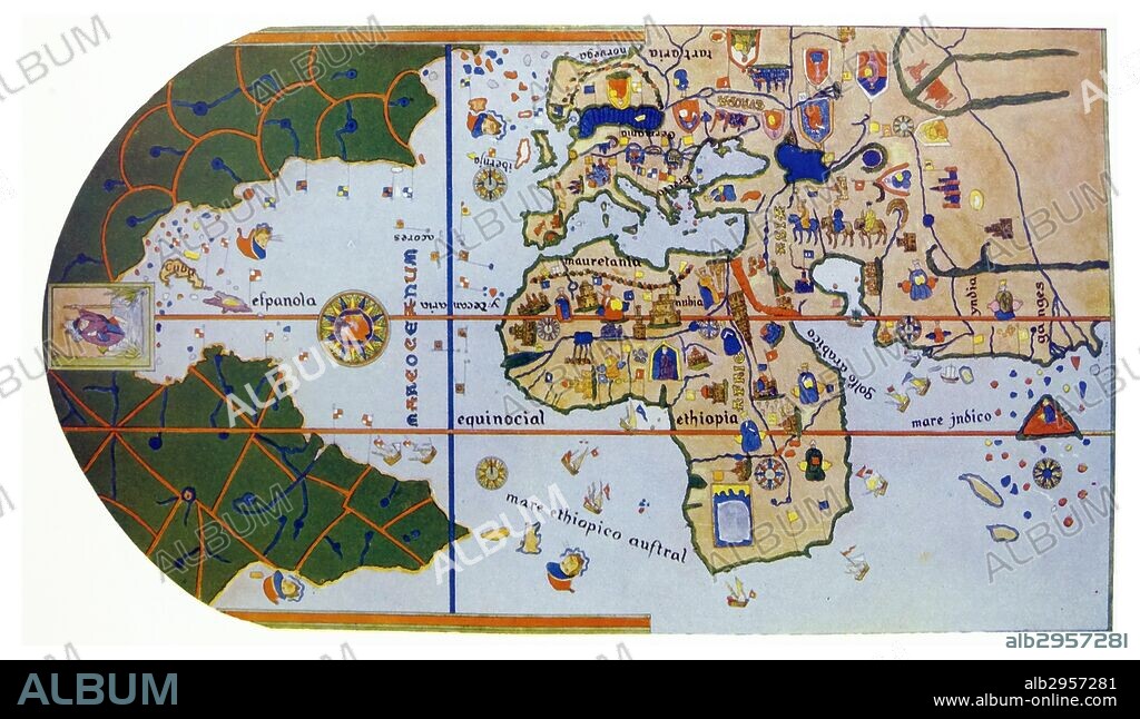 Map of the World, drawn 1500, the first to show America. By Juan de la Cosa, who is supposed to have been the pilot of Columbus.