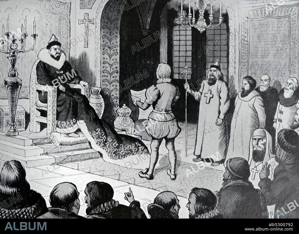Illustration depicting Ivan the Terrible (tsar of Russia) receiving Richard Chancellor who had sailed to the White Sea and continued overland to Moscow, where he visited Ivan's court. Richard Chancellor (died November 10, 1556) was an English explorer and navigator; the first to penetrate to the White Sea and establish relations with the Tsardom of Russia. 1553.