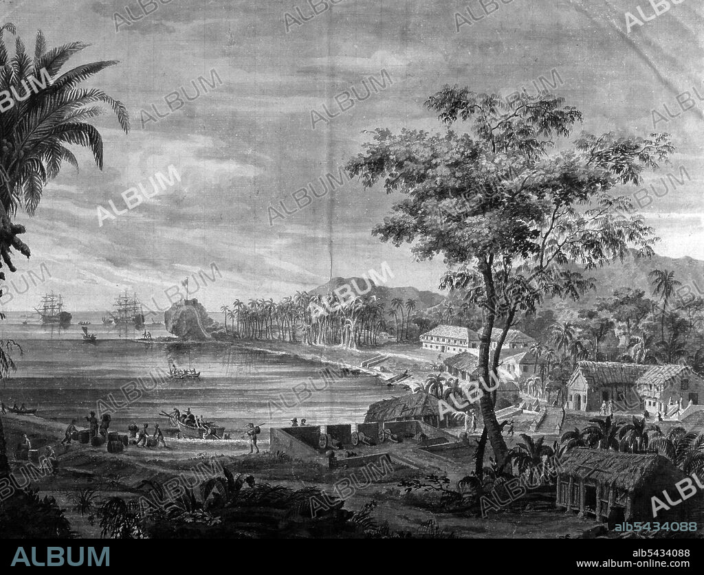 MALASPINA , ALEJANDRO. MARINO ITALIANO . 1754 - 1809. EXPEDICION CIENTIFICA 1789 - 1794. ISLAS MARIANAS. " FONDEADERO DE UMATAC EN LA ISLA DE GUAM ". DIBUJO DE FERNANDO BRAMBILA. MUSEO NAVAL . MADRID.