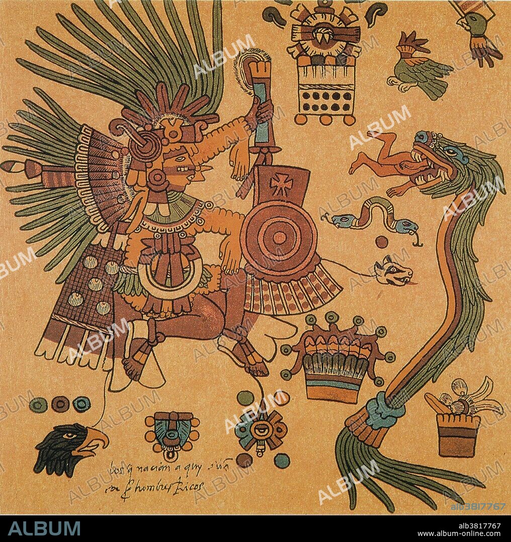 Quetzalcoatl is a Mesoamerican deity whose name comes from the Nahuatl language and has the meaning of "feathered serpent". Quetzalcoatl was related to gods of the wind, of Venus, of the dawn, of merchants and of arts, crafts and knowledge. He was also the patron god of the Aztec priesthood, of learning and knowledge. Quetzalcoatl was one of several important gods in the Aztec pantheon along with the gods Tlaloc, Tezcatlipoca and Huitzilopochtli. To the Aztecs, Quetzalcoatl was, as his name indicates, a feathered serpent, a flying reptile (much like a dragon), who was a boundary maker and transgressor between earth and sky. He was also a creator deity having contributed essentially to the creation of Mankind. No source or date information given.