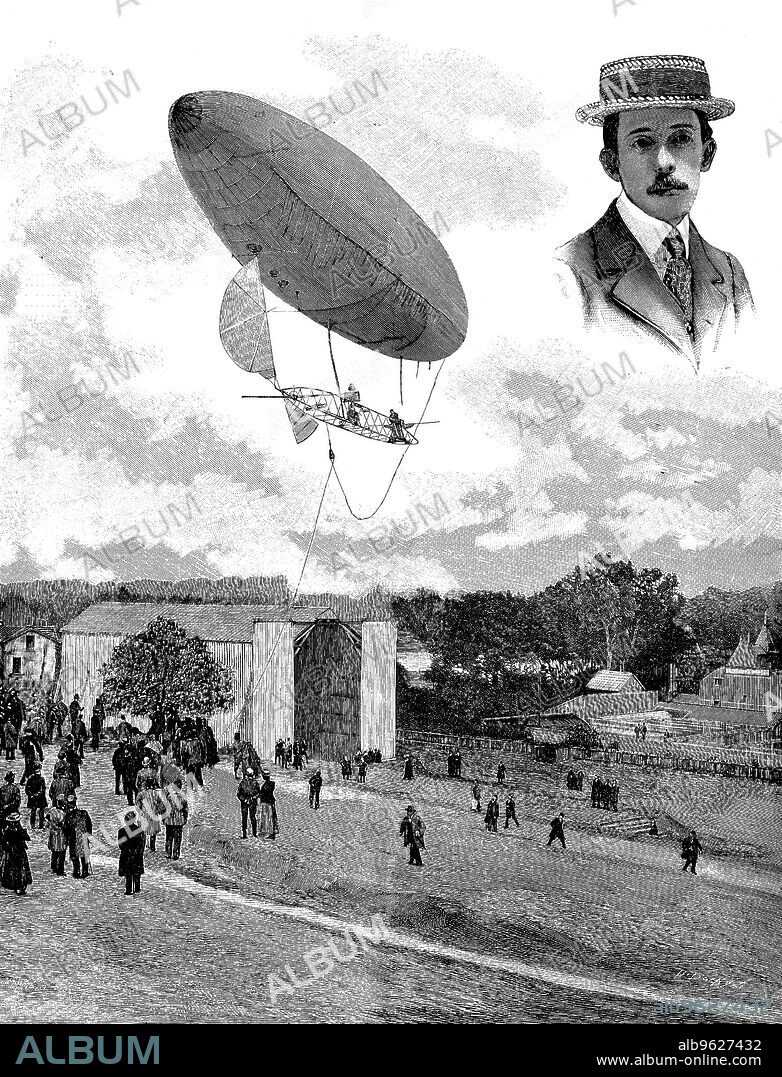 Alberto Santos-Dumont, Brazilian aviation pioneer, 1901. A portrait of Santos-Dumont (1873-1932) together with an illustration of his airship (dirigible) No 6 descending at the Aero Park, Paris, after winning the Deutsch prize, on 19th October 1901. From Scientific American, 16th November 1901.