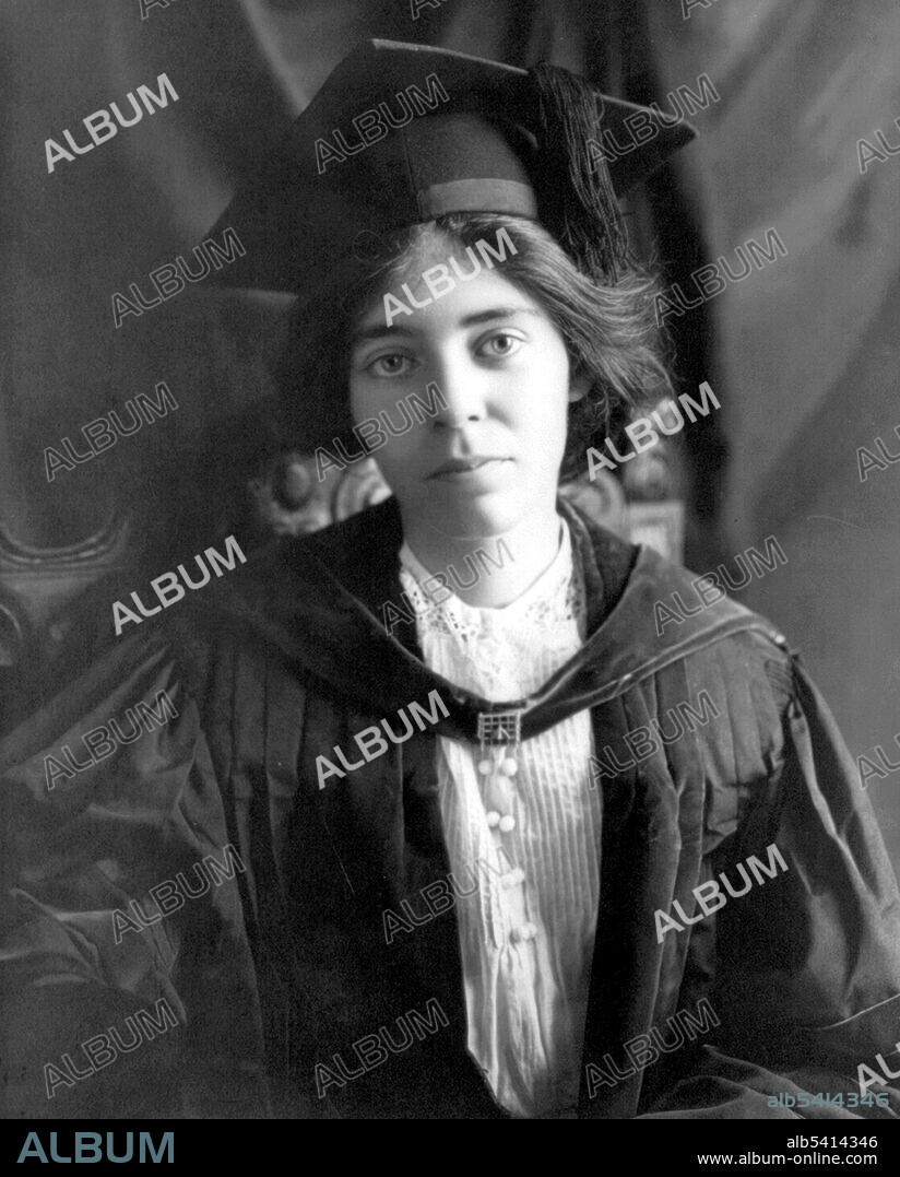 Alice Stokes Paul (1885-1977), American suffragist, feminist, and women's rights activist. In 1907, after completing her master's degree at the University of Pennsylvania, she moved to England, where she became deeply involved with the British women's suffrage movement. She was arrested 7 times and imprisoned 3 times. It was during her time in prison that Paul learned the tactics of civil disobedience from Emmeline Pankhurst. Chief among these tactics was demanding to be treated as a political prisoner upon arrest. When she returned to the states she became one of the main leaders and strategists of the campaign for the 19th Amendment to the U.S. Constitution. Along with Lucy Burns and others, Paul initiated events such as the Woman Suffrage Procession and the Silent Sentinels, which were part of the successful campaign that resulted in the amendment's passage in 1920. After 1920, Paul spent a half century as leader of the National Woman's Party, which fought for the Equal Rights Amendment, written by Paul and Crystal Eastman, to secure constitutional equality for women. She won a large degree of success with the inclusion of women as a group protected against discrimination by the Civil Rights Act of 1964. Taylor Studio, 1913.