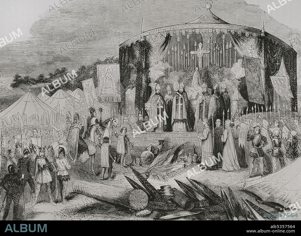 History of Spain. Battle of Covadonga. First Christian victory in the "Reconquista" of the Iberian Peninsula (722). Don Pelayo, the prelates and the Christian warriors giving thanks to the Eternal on the battlefield of Covadonga. Engraving. Las Glorias Nacionales. Volume II, Madrid-Barcelona edition, 1853.