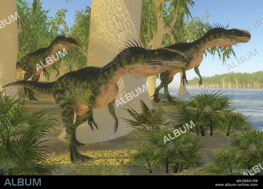 A group of Monolophosaurus dinosaurs come to a shore to drink and watch for prey during the Jurassic Period.