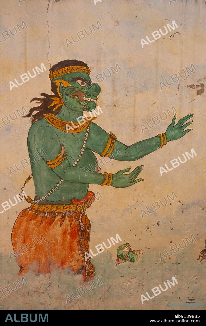 Thailand: A Yaksha or temple guardian, mural on a wall at the front of a guest house in Bangkok. In Buddhist mythology, the Yaksa (Yaksha or Yak) are the attendants of Vaiõrava·áa, the Guardian of the Northern Quarter, a beneficent god who protects the righteous. The term also refers to the Twelve Heavenly Generals who guard Bhai·£ajyaguru, the Medicine Buddha.