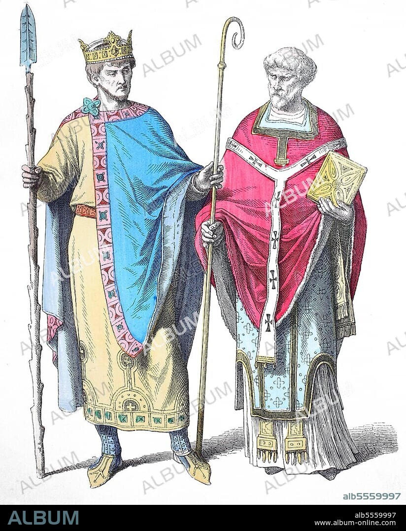 Folk traditional costume, clothing, history of costumes, Emperor Henry II and Franconian Bishop, 10th century, Germany, Historical, digitally restored reproduction of a 19th century original, exact date unknown, Europe.