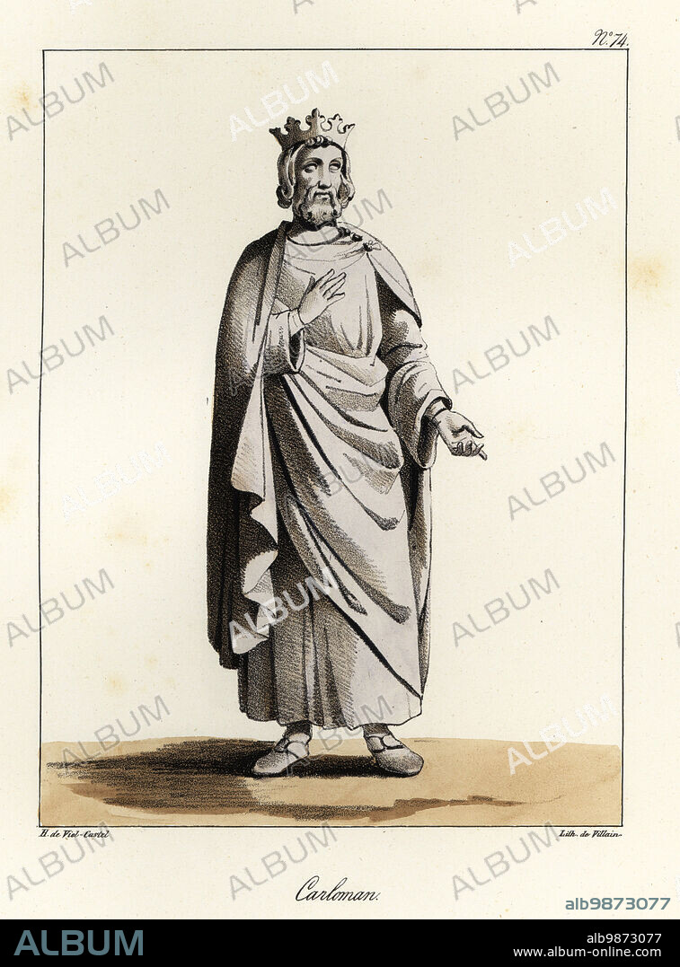 Statue of Carloman I, King of the Franks, younger brother of Charlemagne, 751-771. Tinted lithograph by Villain after an illustration by Horace de Viel-Castel from his Collection des costumes, armes et meubles pour servir à l'histoire de la France (Collection of costumes, weapons and furniture to be used in the history of France), Treuttel & Wurtz, Bossange, 1827.