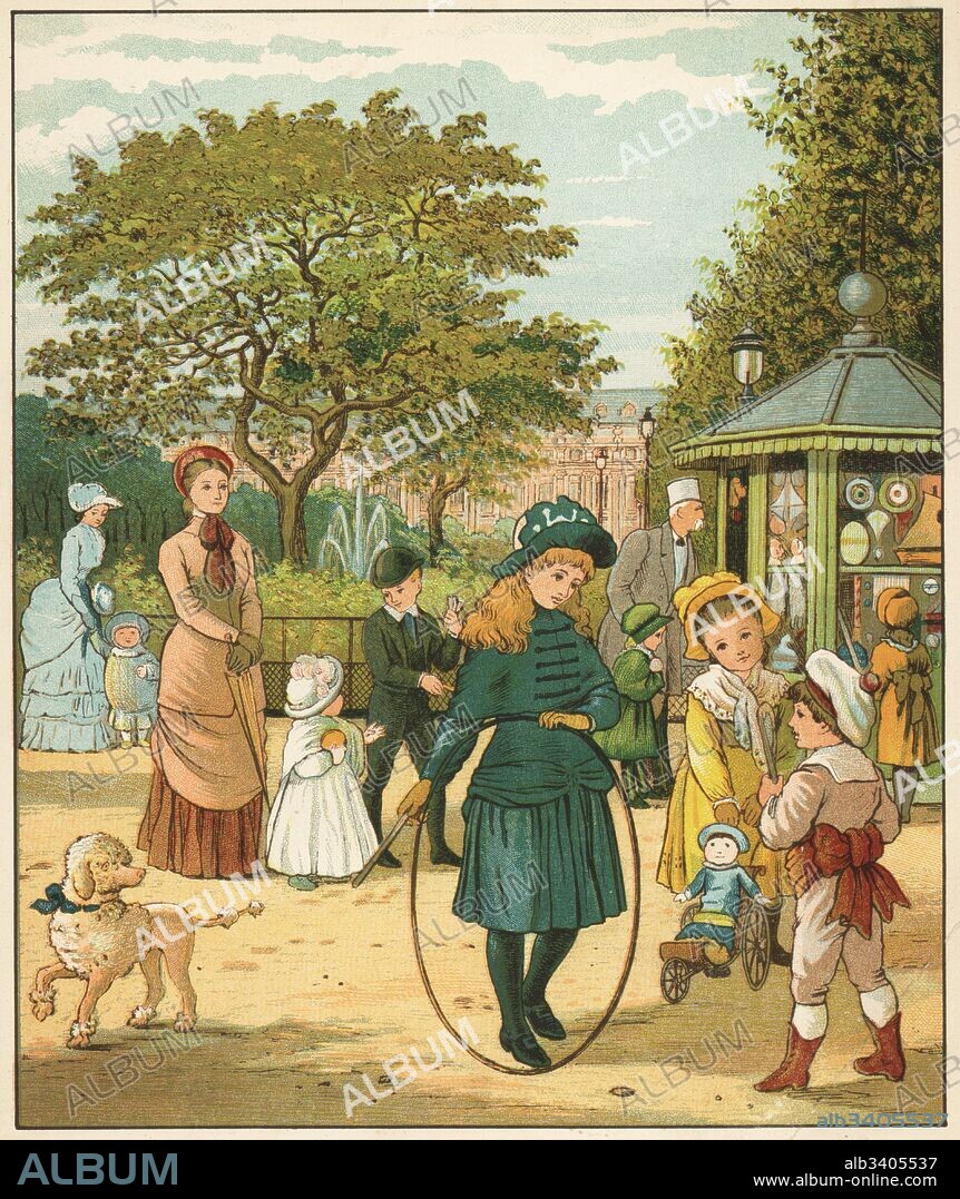 Victorian children playing hoops in a park near the Palais Royale, Paris. Colour woodblock after an illustration by Thomas Crane and Ellen Houghton from Abroad, Marcus Ward, London, 1882.
