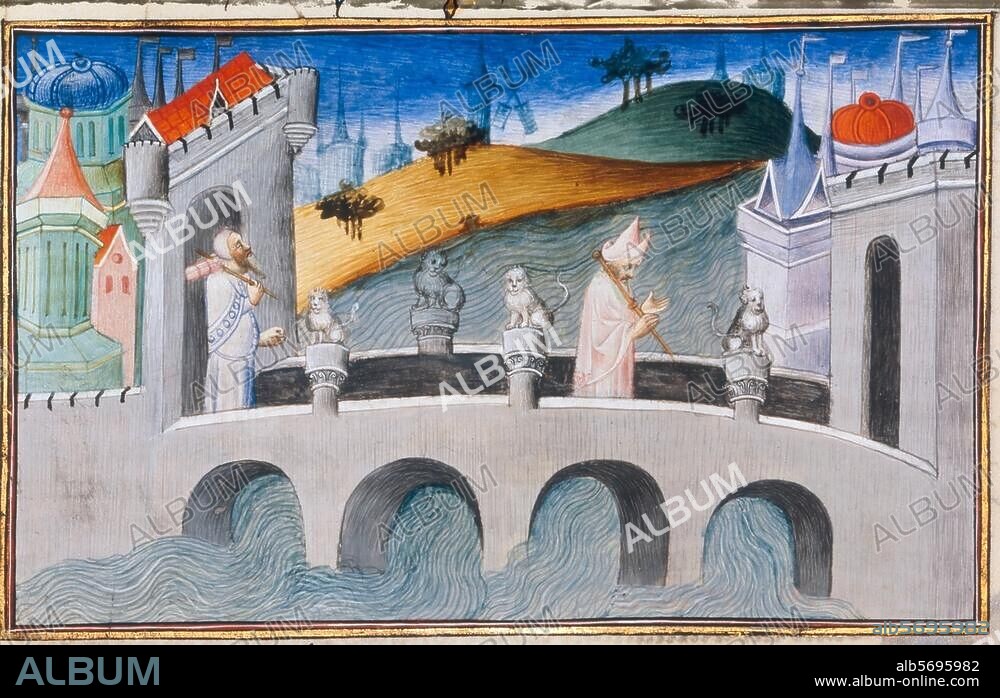 MAITRE DE BOUCICAUT. Polo, Marco ; voyageur italien en Asie ; 1254-1324. Oeuvre :. Le Livre des Merveilles du Monde ; 1298-99. - Le pont de pierre sur le Yung-Ning en Chine. Enluminure, Paris, atelier du Maître de Boucicaut, v. 1412. Ms. fr. 2810, fol. 49 r. Paris, Bibliothèque Nationale.