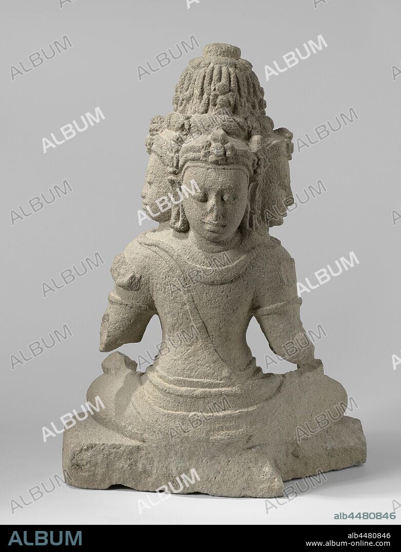 Brahma, the figure is presented in sitting position and has four heads. Two arms of the four have broken off., anonymous, Candi Merak-tempel, 800 - 900, andesite, h 49.0 cm × w 36.0 cm × d 31.0 cm × w 22.5 kg.