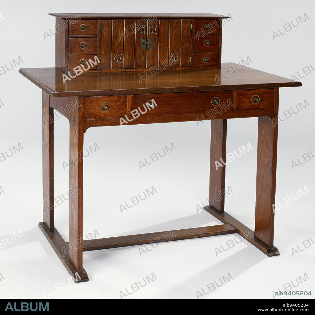 Desk, c. 1903, Craftsman Workshops of Gustav Stickley, American (Eastwood, New York), 1899-1916, 40-1/8 x 42 x 25-1/4 in. (101.9 x 106.7 x 64.1 cm), American white oak, pewter, copper, wood inlay, United States, 19th-20th century, Gustav Stickley hired Harvey Ellis in June 1903 to create illustrations of Arts and Crafts homes for his publication the Craftsman. Ellis produced imaginative drawings for possible interiors in the July and August 1903 and in January 1904, the month of his death. For these interiors Ellis depicted of furniture resembling Stickley's current production pieces made by Craftsman Workshops, as well as other pieces with European-inspired inlay.