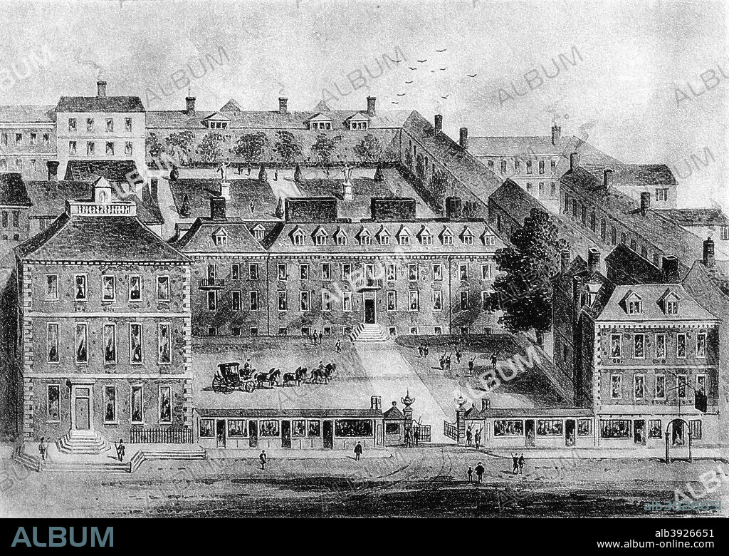 Leicester House, Leicester Fields, 18th century, (1908). The house, built in the 17th century, was at one time home to Frederick, Prince of Wales (1707-1751). Part of the land later became Leicester Square. A print from The Private Palaces of London by E Beresford Chancellor, (Kegan Paul, Trench, Trubner and Co, London, 1908).