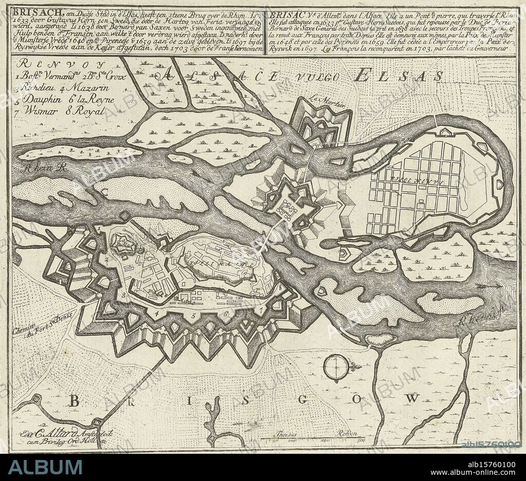 Map of Breisach, ca. 1701-1713, Brisach, a German Town in d'Elsas (...) 1703 revived by the French (title on object), Les Principales Forteresses & Villes Fortes, d'Espagne, de France, d 'Italy, Savoia, d'Allemagne & des Païs-Bas (...), Accurate Images of the Most Important Strong Cities and Fortresses in Spain, France, Italy, Savoy, Germany and the Netherlands (...) (series title on object ), Map of the fortifications around the German city of Breisach, conquered by the French in 1703. Part of the collected series of 49 plates of renowned strong cities and fortresses in the War of the Spanish Succession, ca. 1701-1713. With the titles in Dutch and French., print, print maker: Abraham Allard, print maker: Carel Allard, after print by: anonymous, print maker: Amsterdam, print maker: Amsterdam, after print by: France, publisher: Amsterdam, publisher: Leiden, 1703 - 1714, paper, etching, height, 240 mm × width, 273 mm.