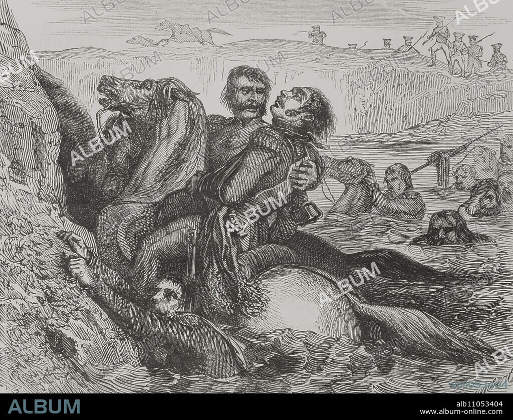 Józef Antoni Poniatowski (1763-1813). Aristócrata y general polaco. Mariscal imperial de Napoleón Bonaparte. Muerte de Poniatowski el 19 de octubre de 1813, al intentar escapar herido cruzando el río Elster Blanco, durante la batalla de Leipzig. Grabado. Los Héroes y las Grandezas de la Tierra. Tomo VIII. 1856.