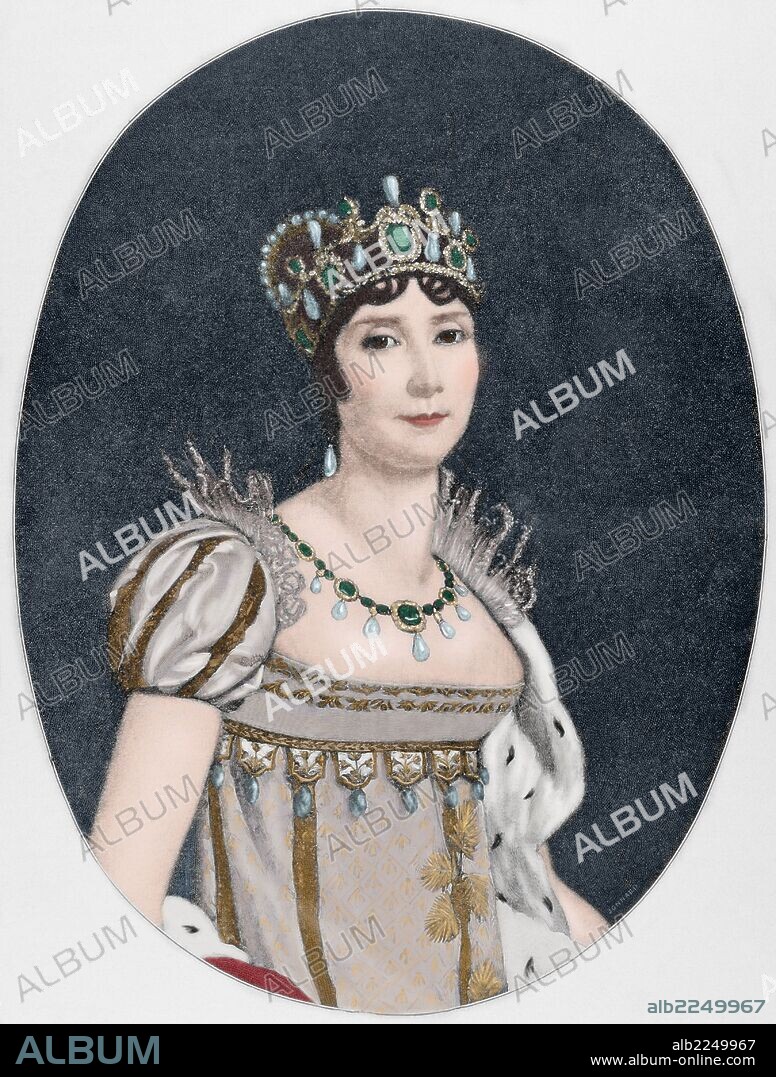 PAUL JONNARD. María Josefina Rosa Tascher de la Pagerie, vizcondesa de Beauharnais (1763-1814) de nacimiento criolla, fue la primera esposa de Napoleón Bonaparte y la primera emperatriz del Primer Imperio francés. Grabado por Jonnard. "La Ilustración Ibérica", año 1888. Coloreado.