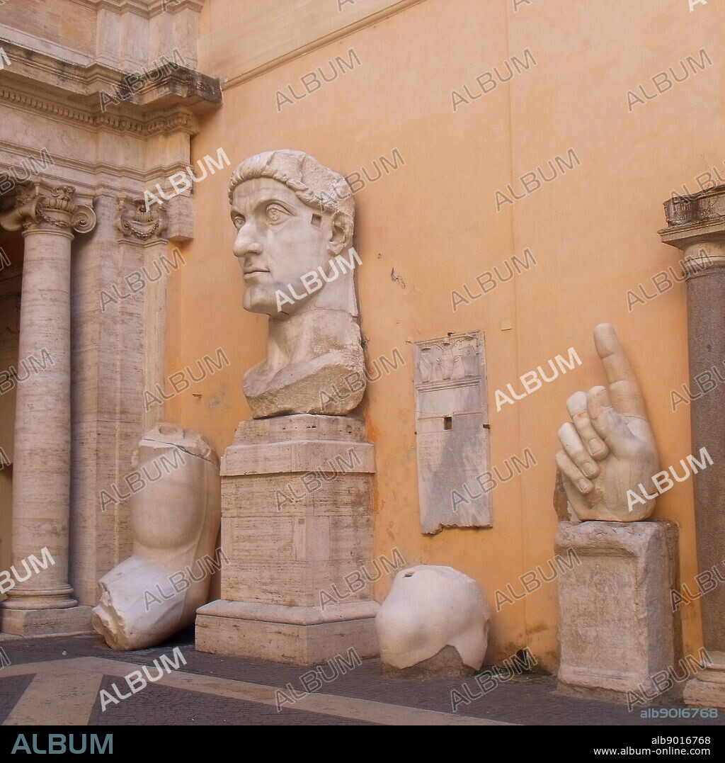 Detail from the Colossus of Constantine, an acrolithic statue that once occupied the Basilica of Maxentius in Rome. Portions of this colossal statue (A head, arm, knee and hand.) of Emperor Constantine now reside in the Palazzo dei Conservatori. Carved from white marble. Circa 312-315 AD.