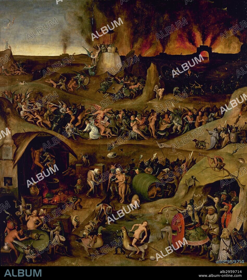 HUYS, Peeter Huys (1519-1584). Maestro en Amberes, en 1548, pertenece a la ESCUELA FLAMENCA. En activo de 1545 a 1577. "EL INFIERNO" (1570). Oleo sobre tabla (86 x 82 cm). Lucha de ángeles, demonios y tormentos infernales. Museo del Prado. Madrid. España.