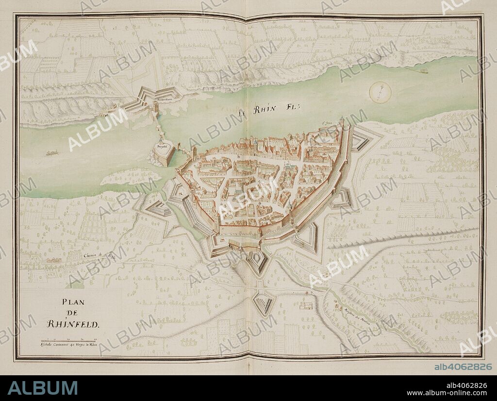ANON. 'Plan de Rhinfeld'. Plan of a fortress on the banks of the River Rhine. A COLLECTION of one hundred and sixteen colored plans of the fortifications of various places in England, France, the Netherlands, and Germany, drawn by a French artist, about 1650. c. 1650. Source: Add.11564 f.191.