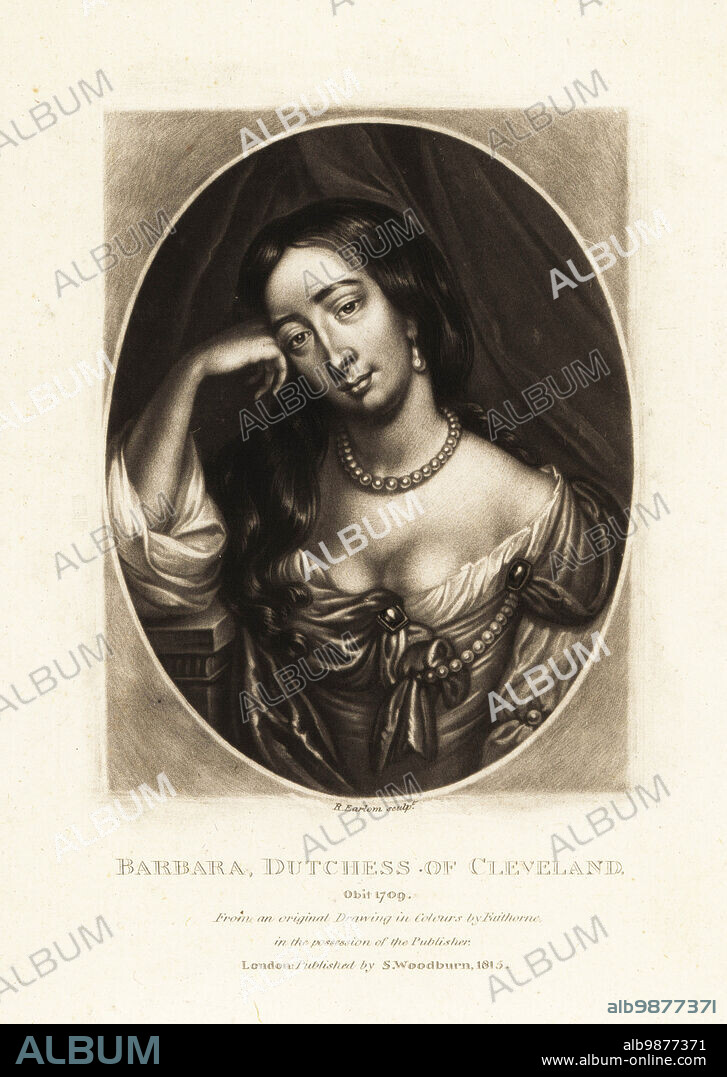 Barbara Palmer, 1st Duchess of Cleveland, Countess of Castlemaine, 1640-1709. Mistress of King Charles I and mother of his illegitimate children. Mezzotint engraving by Richard Earlom after a drawing in colours by William Faithorne after a portrait by Sir Peter Lely from Richard Earlom and Charles Turner's Portraits of Characters Illustrious in British History Engraved in Mezzotinto, published by S. Woodburn, London, 1815.