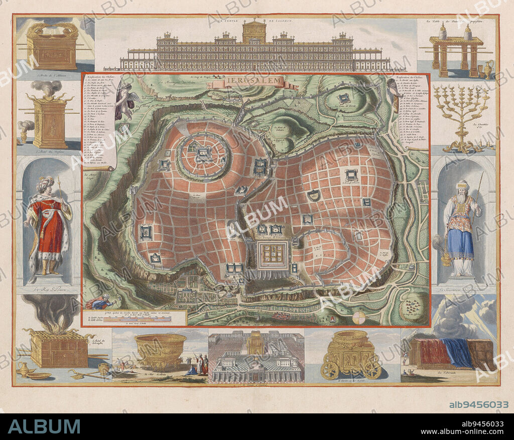 Map of the Temple Mount of Jerusalem from the east. In the rim different representations of the different temples and the temple utensils. Clockwise, in the middle above the temple of Solomon, the table for the shewbread, the seven-armed candlestick, in a niche a statue of the high priest Aaron, the tabernacle, a golden basin, the temple of Ezekiel, the basin called the Sea, the altar, in a niche a statue of King Solomon, the incense block and the Ark of the Covenant, View of the Temple Mount of Jerusalem from the east., print maker: anonymous, Dirk Janszoon van Santen, (attributed to), print maker: Netherlands, Amsterdam, 1652 - 1708, paper, engraving, h 407 mm × w 533 mm.