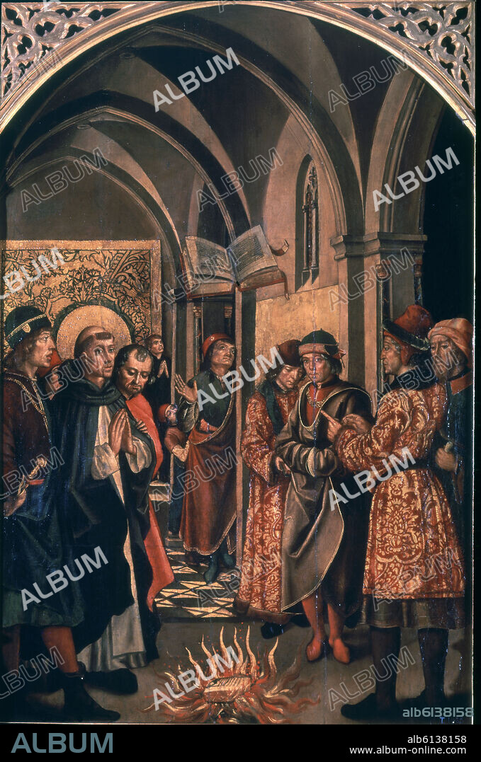PEDRO BERRUGUETE (1450-1504). The Test of Fire. La prueba del fuego. 15th century. Oil on canvas (113x75). Spanish Gothic. Madrid, Prado museum.