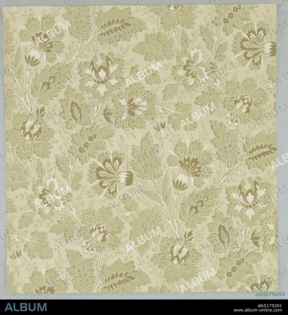 Sidewall, Machine-printed paper, Aesthetic style design of dense all-over foliage with large fanciful bellflowers; single-motif, long vertical repeat in off-set columns; color scheme of light green, brown, and white with brown outlining; pale tan ground., USA, ca. 1880, Wallcoverings, Sidewall.