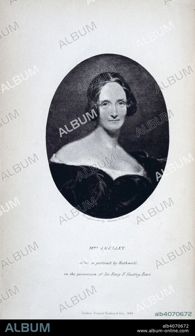FLORENCE ASHTON MARSHALL. Mrs Shelley. Mary Wollstonecraft Shelley, nÃ©e Godwin (1797-1851). English writer. Portrait. Author of the novel 'Frankenstein'. The Life and Letters of Mary Wollstonecraft Shelley ... Bentley & Son: London, 1889. Source: 2408.d.3, frontispiece. Language: English.