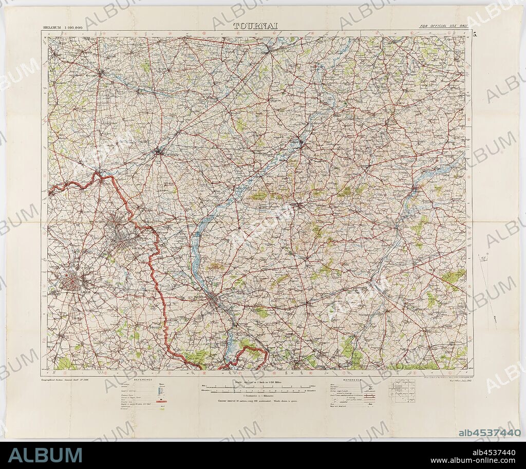 Map - Military, Belgium, Tournai 5, Scale 1:100,000, World War I, Jul 1912, Map of Belgium - Sheet Tournai, 5, scale 1:100,000. The map was photo-etched at the Ordnance Survey Office, Southampton, in 1912, and was published by the War Office, July 1912. The map is labelled Geographical Section, General Staff, No. 2364. It would have been in use during World War I. Part of the collection of World War I memorabilia donated by Sergeant John Lord (#6252). John Lord was 19.