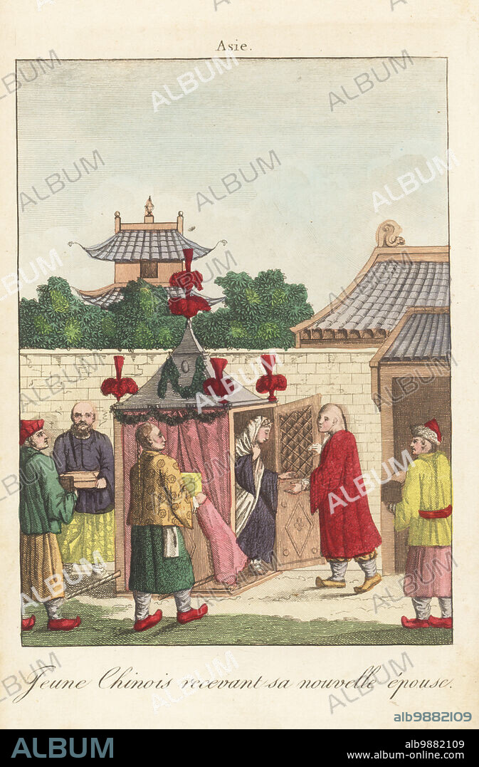A young Chinese groom receives his new bride in front of his house. The bride is carried in a palanquin or sedan chair accompanied by servants bringing dowry gifts. The house has a walled garden and pagoda. Jeune Chinois recevant sa nouvelle epouse. Handcoloured copperplate engraving from A. Antoine de Saint-Gervaiss Album des Peuples, ou Collection de Tableaux, Album of Peoples, or Collection of Paintings, J. Langlume et Peltier, Paris, 1835. Reprinted from Moeurs et coutumes des Peuples, Hocquart, 1811.