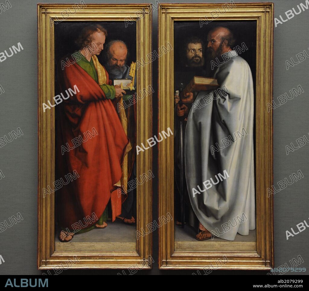 ALBRECHT DÜRER. Albrecht Durer ((1471 Ð 1528) was a German painter. Northern Renaissance. The Four Apostles. It was finished in 1526. Saint John and Peter (Left panel). Saints Mark and Paul (Right panel). St. John Evangelisth: open de book. St. Peter: Keys. St. Marck: scroll. St Paul: sword and closed de book. Alte Pinakothek. Munich. Germany.