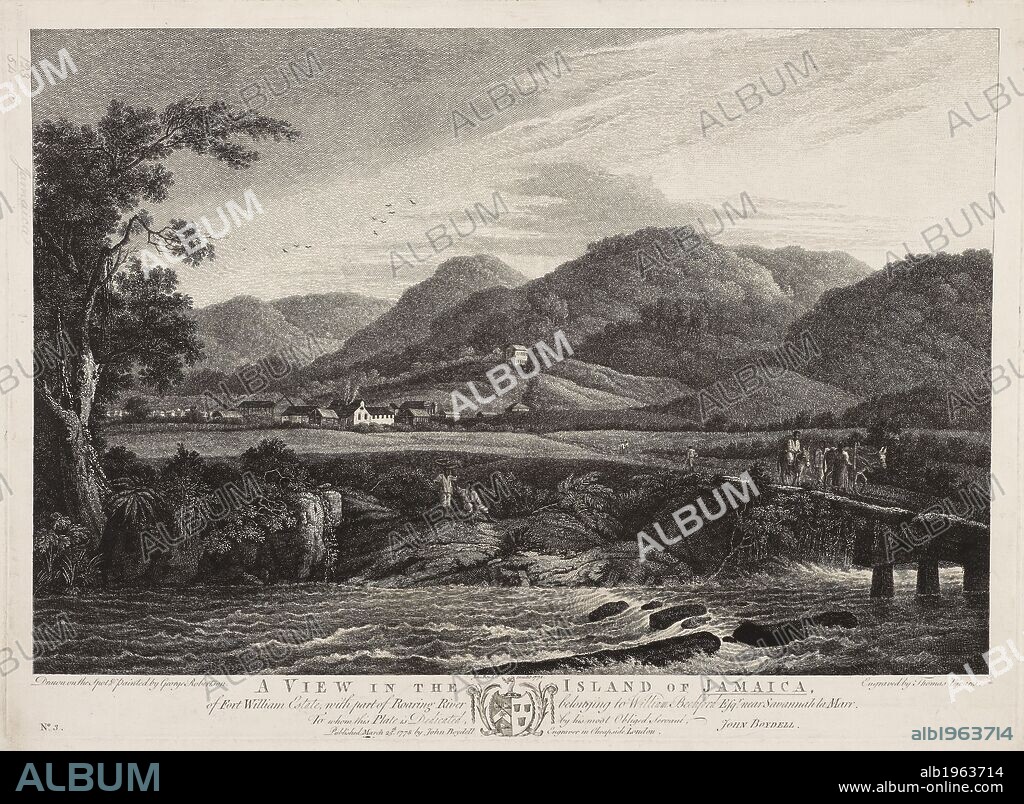 Illustration of view of Jamaican countryside. Six Views in the Island of Jamaica, drawn on the spot by George Robertson; engraved by Lerpiniere, Vivares, and Mason. Arkansas, 1778. Source: Maps.K.Top.123.54c. Language: English.