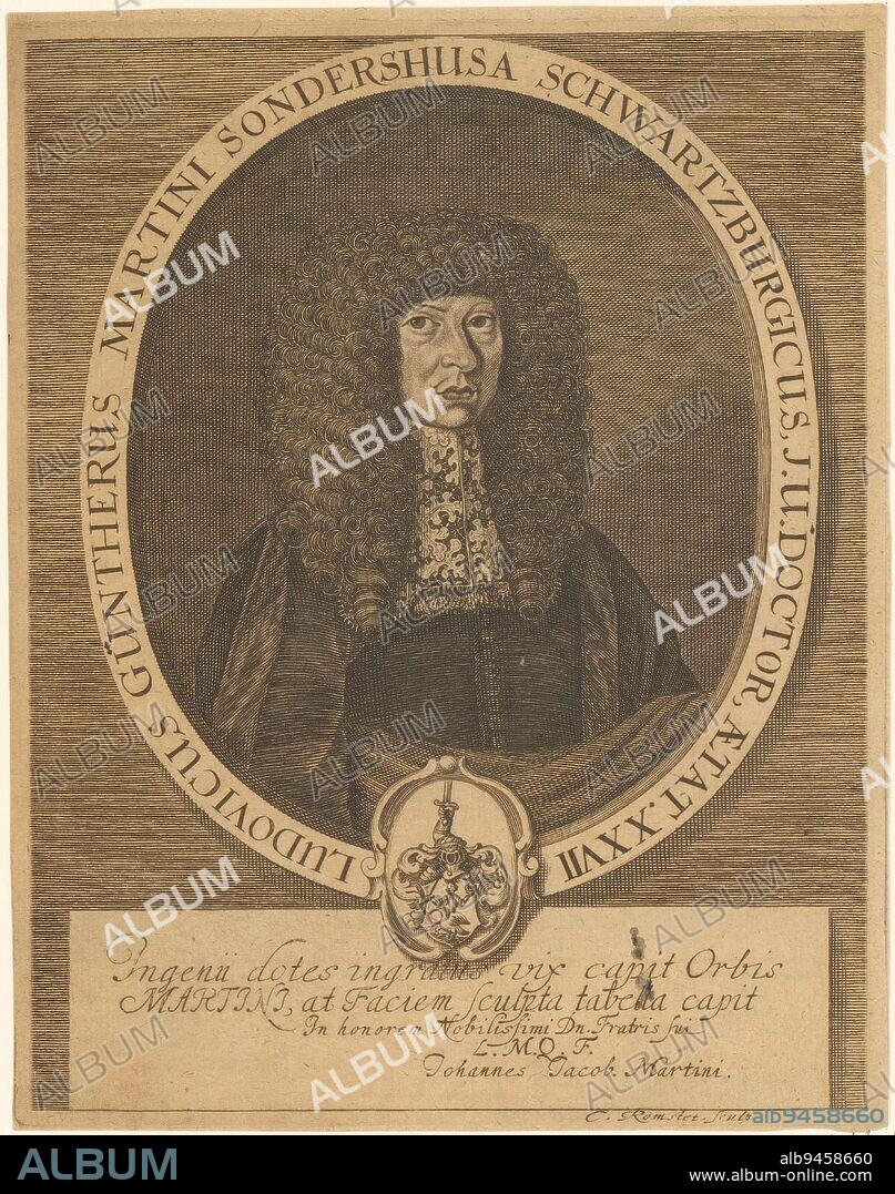 Portrait of Ludwig Günther Martini, Christian Romstet, 1665 - 1721, print maker: Christian Romstet, (mentioned on object), Johannes Jacob Martini, (mentioned on object), 1665 - 1721, paper, engraving, h 190 mm - w 149 mm.