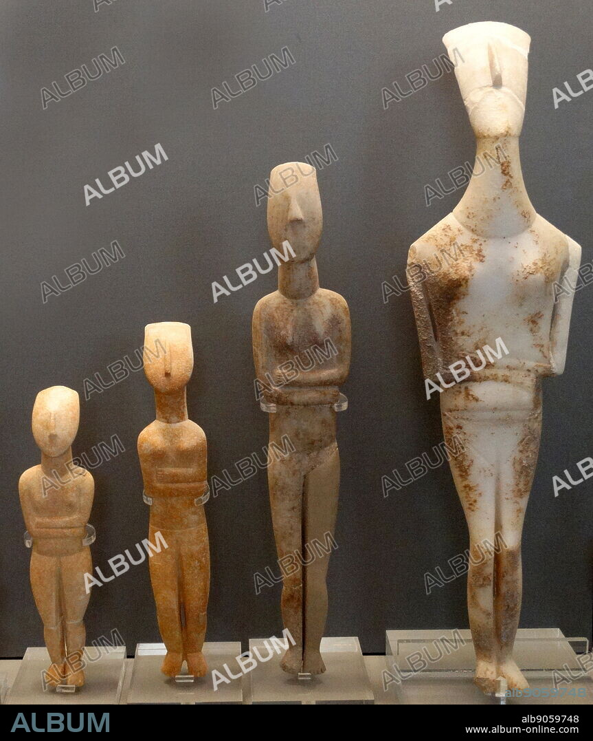 Cycladic 'Spedos style' figurines, from Naxos, Greece, Early Cycladic culture evolved in three phases, between c. 3300 - 2000 BCE, when it was increasingly swamped in the rising influence of Minoan Crete.