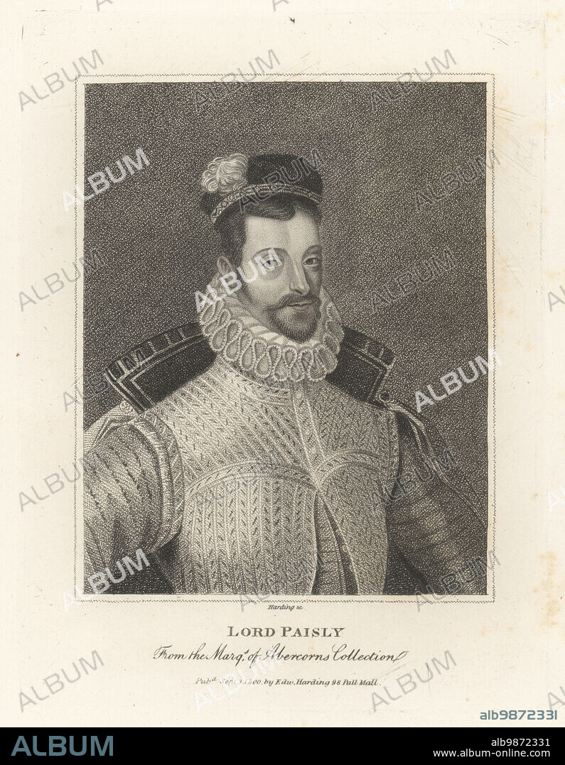 Claud Hamilton, 1st Lord Paisley, Scottish politician, 1546-1621. Commander of Paisley Abbey, fought for Mary Queen of Scots at the Battle of Langside, 1568. In cap, ruff collar, embroidered doublet and cloak. Lord Paisly, from the Marquess of Abercorn's Collection. Copperplate engraving by Edward Harding from John Adolphus The British Cabinet, containing Portraits of Illustrious Personages, printed by T. Bensley for E. Harding, 98 Pall Mall, London, 1799.