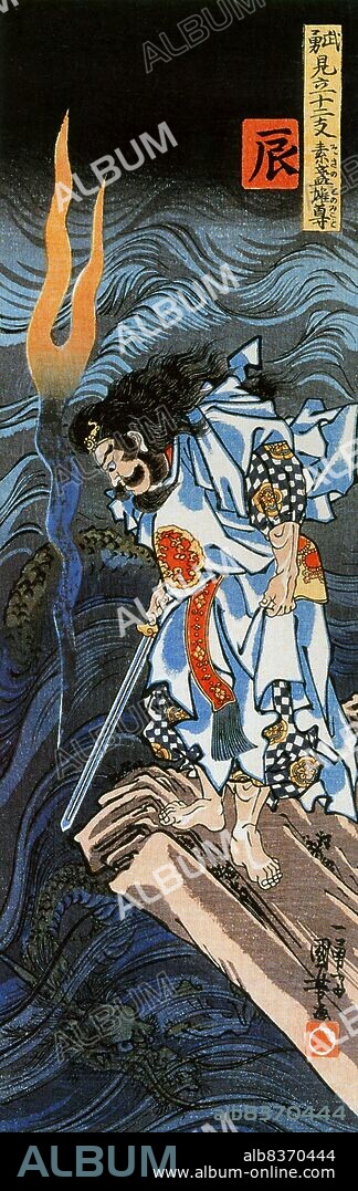Susanoo-no-Mikoto, more commonly known as just Susanoo or Susano-o, was a <i>kami</i> and god in the Shinto pantheon, master of storm and sea. He was born, alongside his siblings Amaterasu and Tsukuyomi, when the creator god Izanagi washed himself after his journey into the Yomi, the underworld. Susano was born from Izanagi washing his nose.<br/><br/>. Susanoo was known as a hot-headed and violent man, and had a long-standing rivalry with his sister Amaterasu. After losing a chalenge to her, he raged and killed one of her attendants, destroyed her rice fields and hurled a flayed pony at her loom. For these actions, he was banished from Heaven.<br/><br/> . Descending to the province of Izumo, he aided an elderly couple whose children had been devoured by the eight-headed dragon Yamato-no-Orochi. Saving their eighth daughter by turning her into a comb, and later marrying her, he fooled Orochi by setting out eight bowls of sake for it to drink and waiting till the dragon was drunk and asleep. He then cut off the dragon's heads, and retrieved a great sword from Orochi's tail, which he gifted to Amaterasu as a reconciliation gift.<br/><br/>. Susanoo is enshrined at Kumano Taisha, in Shimane (formerly Izumo), and is still worshipped by Shintoists to this day.