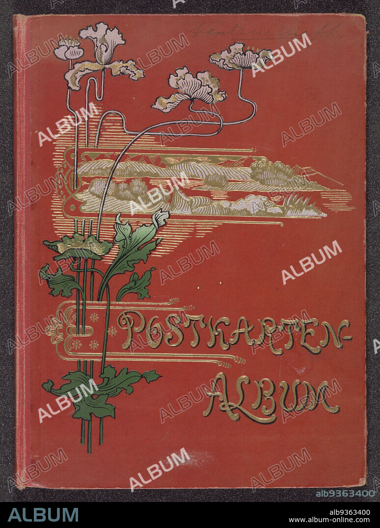 Picture postcard album (empty), Postkarten album (title on object), Picture postcard  album in red binding. On the front cover the title in gold print and a  stylized flower - Album alb9363400