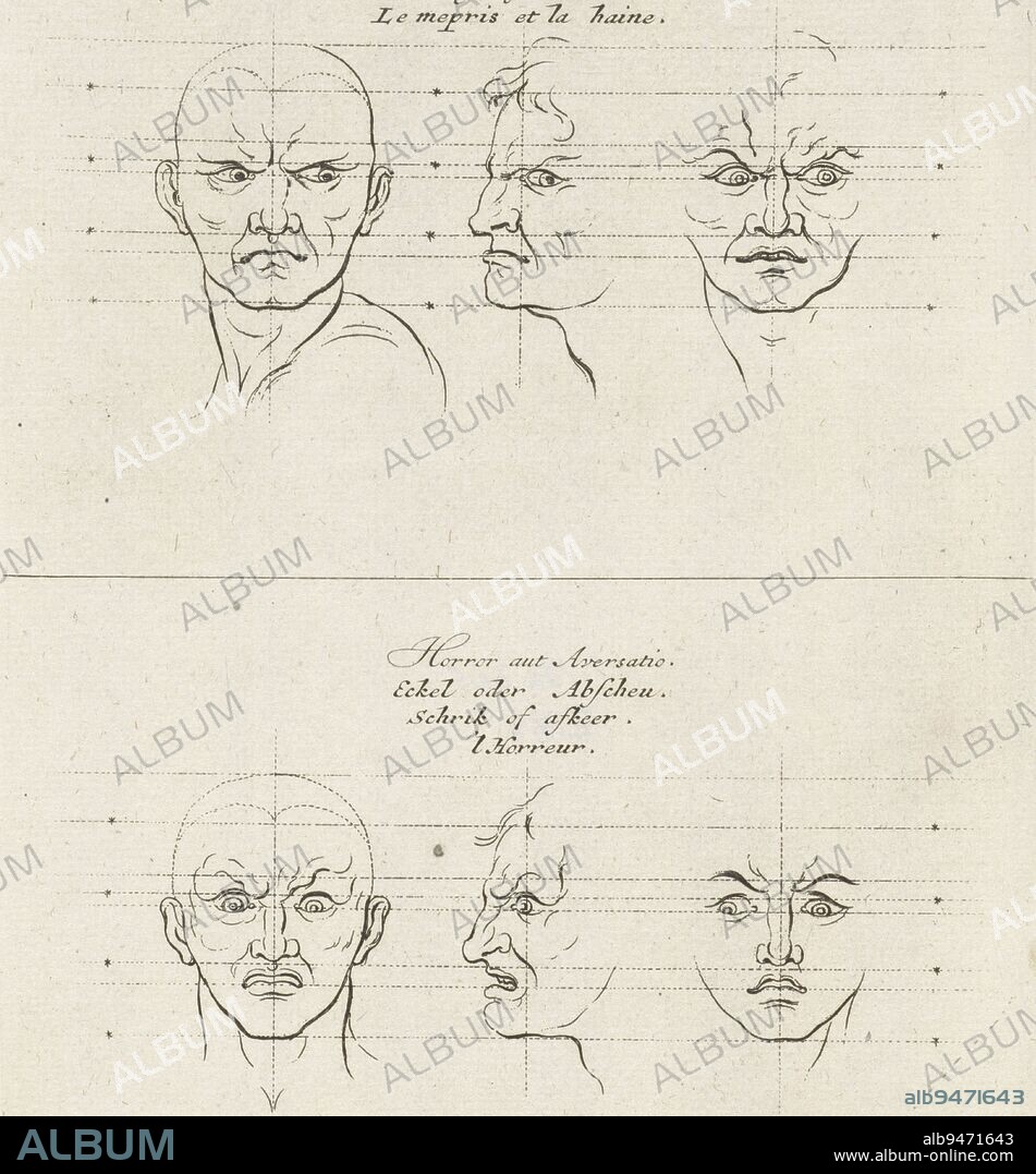 Facial expression of hatred and facial expression of disgust, Pieter Schenk (I), after Sébastien Leclerc, after Charles Le Brun, 1692 - 1711, At the top a face from the front and side with a facial expression of contempt and hatred. Below, a face from the front and side with a facial expression of terror or disgust., print maker: Pieter Schenk (I), Sébastien Leclerc, intermediary draughtsman: Charles Le Brun, Amsterdam, 1692 - 1711, paper, etching, h 213 mm × w 159 mm.