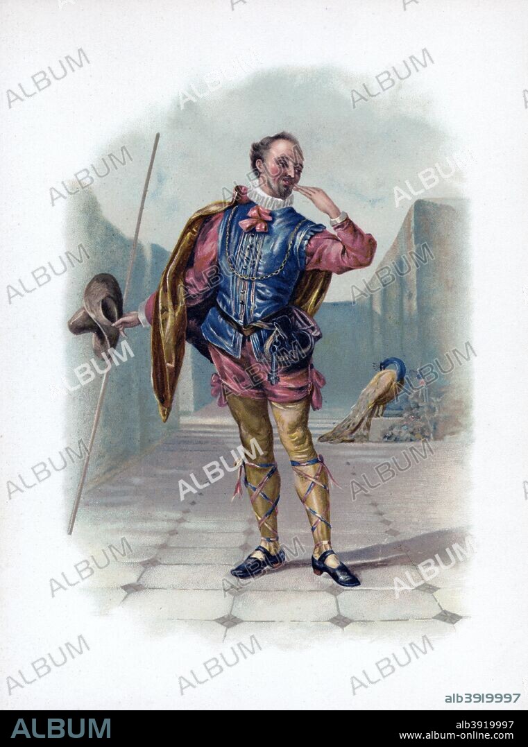 'Malvolio', 1891. Malvolio, a character from Twelfth Night, wearing cross garters. A colour lithograph from Shakespeare's Heroes and Heroines after Sir A Callcott, C R Leslie, D Maclise, A Redgrave, S Hart & C, published by Raphael Tuck & Sons, (London, 1891).