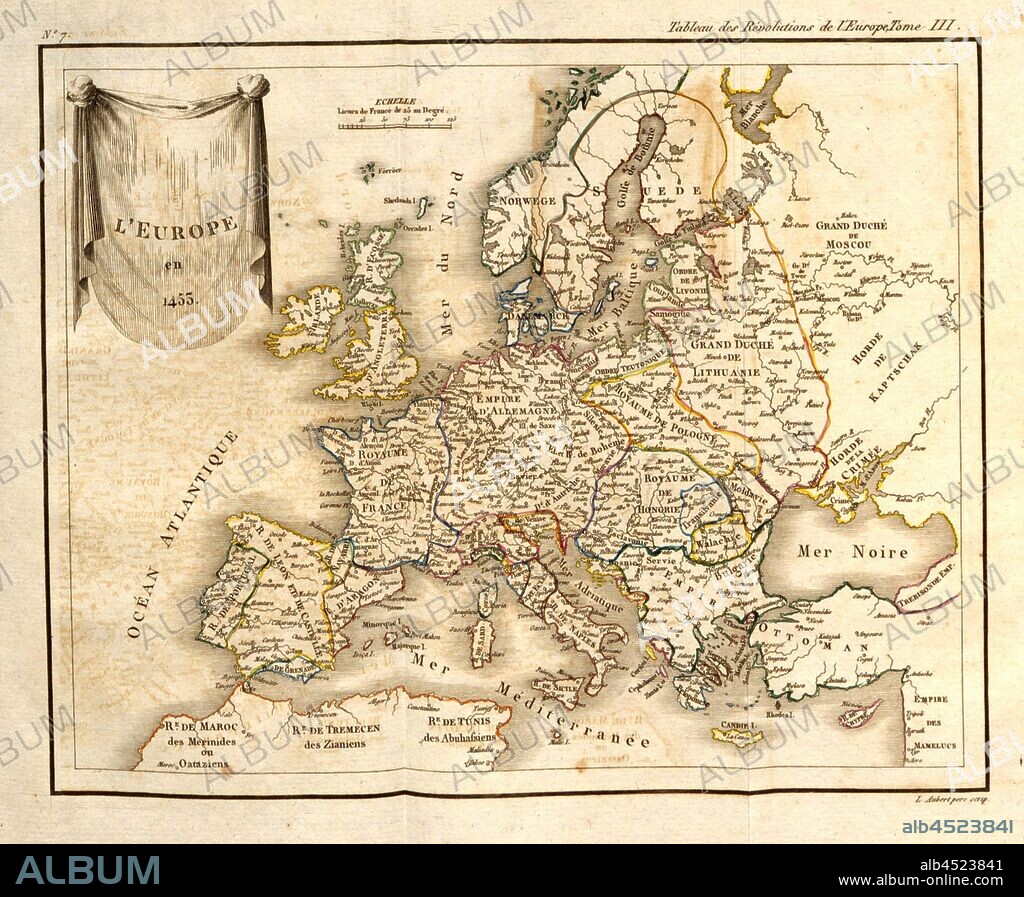Europe in 1455, Map of Europe around 1455, no. 7, after p. 314, Christophe Guillaume Koch; Maximilian Samson Friedrich Schoell: Tableau des révolutions de l'Europe depuis le bouleversement de l'Empire Romain en occident jusqu'à nos jours. Bd. 3. Paris: Gide fils, 1823.