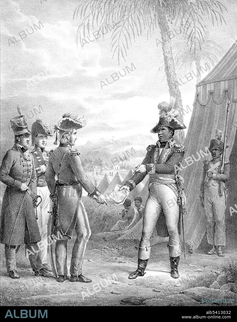 Toussaint L'Ouverture (1743-1803), leader of the Haitian Revolution, signing a treaty with the English general, Thomas Maitland, on March 30, 1798. Engraving circa 1821.