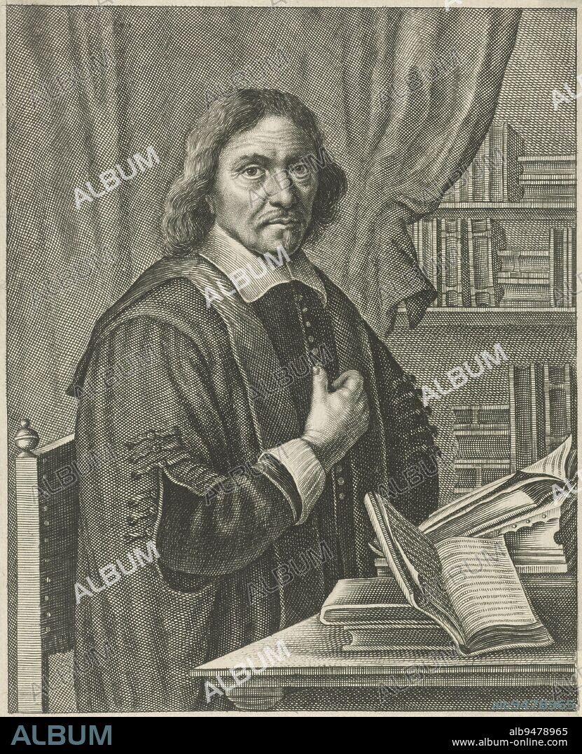 Portrait of Samuel Maresius, professor of theology in Groningen and pastor of the Walloon church, at age 56 in his study. Portrait of Samuel Maresius, print maker: Jacob van Meurs, (mentioned on object), Amsterdam, 1655, paper, engraving, h 184 mm × w 133 mm.