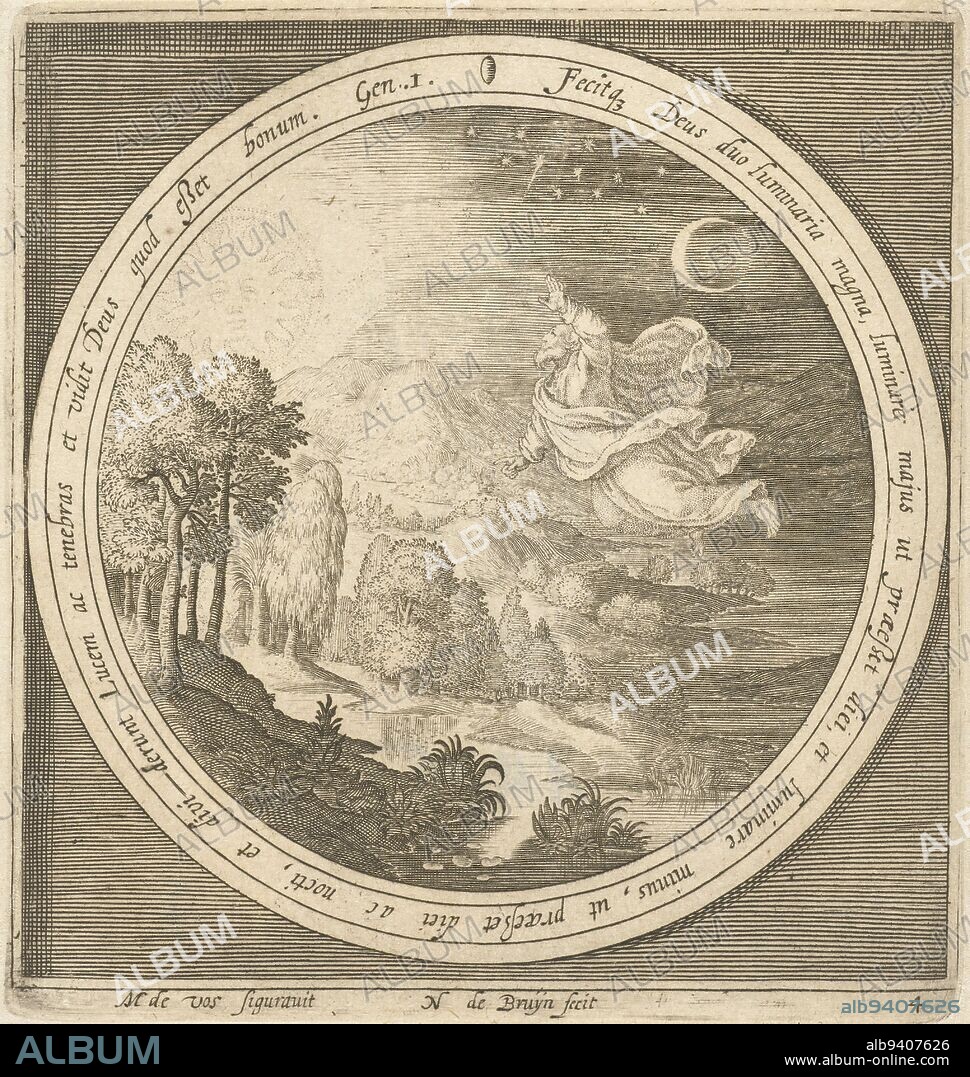 Fourth day of creation: God creates the sun, moon and stars, separating light from darkness. In medallion inscribed with a Latin Bible text from Genesis 1, within rectangular frame, Fourth day of creation: God creates sun, moon and stars From creation to expulsion from paradise (series title), print maker: Nicolaes de Bruyn, (mentioned on object), Maerten de Vos, (mentioned on object), Netherlands, 1581 - 1656, paper, engraving, h 136 mm × w 127 mm.