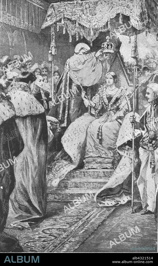 'Coronation of Queen Victoria, June 28, 1838', (1901). Victoria (1819-1901) was crowned by William Howley the Archbishop of Canterbury, at Westminster Abbey in London. She ruled as Queen of the United Kingdom of Great Britain and Ireland from 1837 until her death. From "The Illustrated London News Record of the Glorious Reign of Queen Victoria 1837-1901: The Life and Accession of King Edward VII. and the Life of Queen Alexandra". [London, 1901].