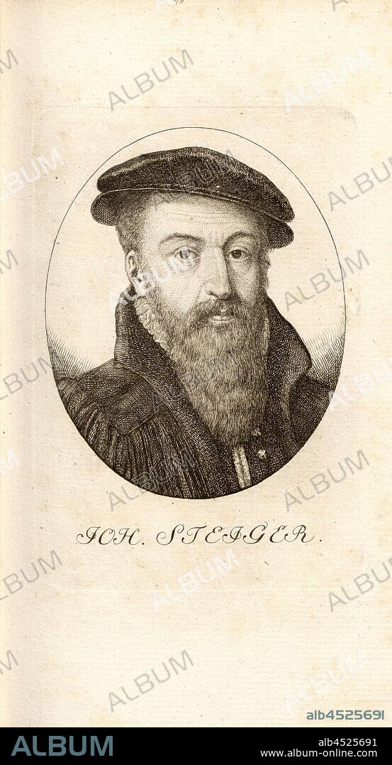Joh. Scaffolding, Portrait of Johann Steiger (also Hans Steiger, Johannes Steiger), unsigned:, Taf. 11, after p. 80, Pfenninger, Heinrich (fec.), Leonhard Meister; Heinrich Pfenninger; J. C Fäsi: Helvetiens berühmte Männer in Bildnissen. Bd. 2. Zürich: im Verlag von Heinrich Pfenninger Mahler, 1799.