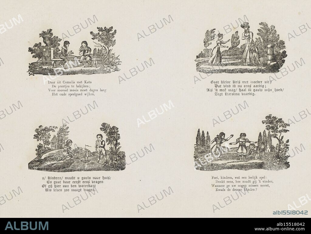 Witmond, J., Amsterdam, Bremer, HM, Bremer's prentenboek., met bijtitels, van, J. Witmond, Kindervermaken, verso - gestempeld, Blad met 7voorstellingen van activiteiten voor kinderen, zoals lezen, bloemen en spelen, en bubbleblaas. Onder elkaar de beeld een four-line verse, enkele in gothic script ... mm, Publication (Event), Publication, Dutch, publisher, 1867 - 1883, paper, woodcut, letterpress printing, print maker, printmaker, writer.