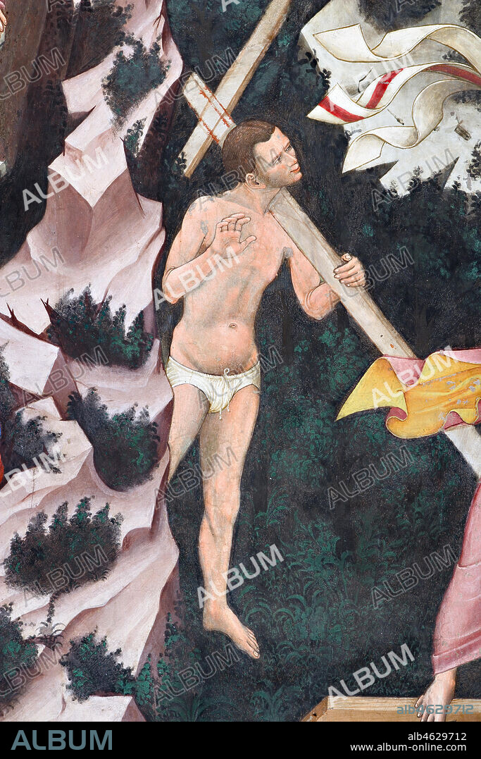 Vignola Stronghold, the Contrari Chapel, Northern wall: "Resurrection" and "Descent into Limbo", fresco by the Master of Vignola, about 1420. Detail of the "Descent into Limbo": the Good Thief.