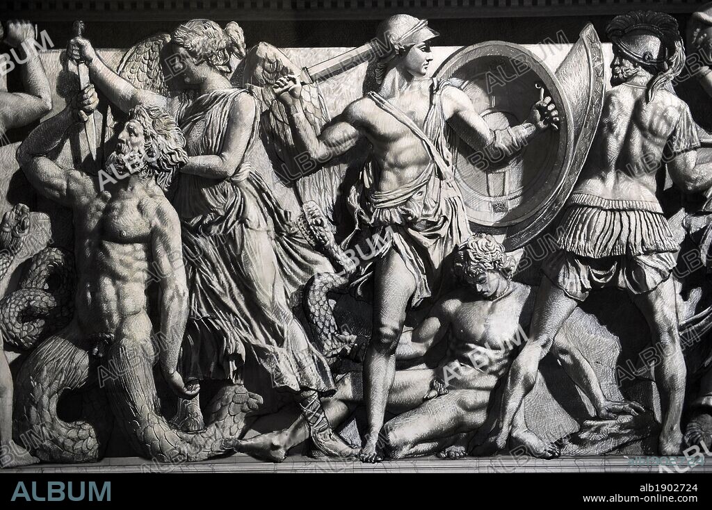 Pergamon Altar. Yadegar Asisi (born 1955). Artistic attempt to restore the North Frieze using the part of the frieze not shown in the panorama in order to complete the figures and scenes. A winged goddess nailed a spear in the chest of his opponent, probably Hemera, and an armored God fight with a giant with armor and spear, probably Eter. Pergamon Museum. Berlin. Germany.